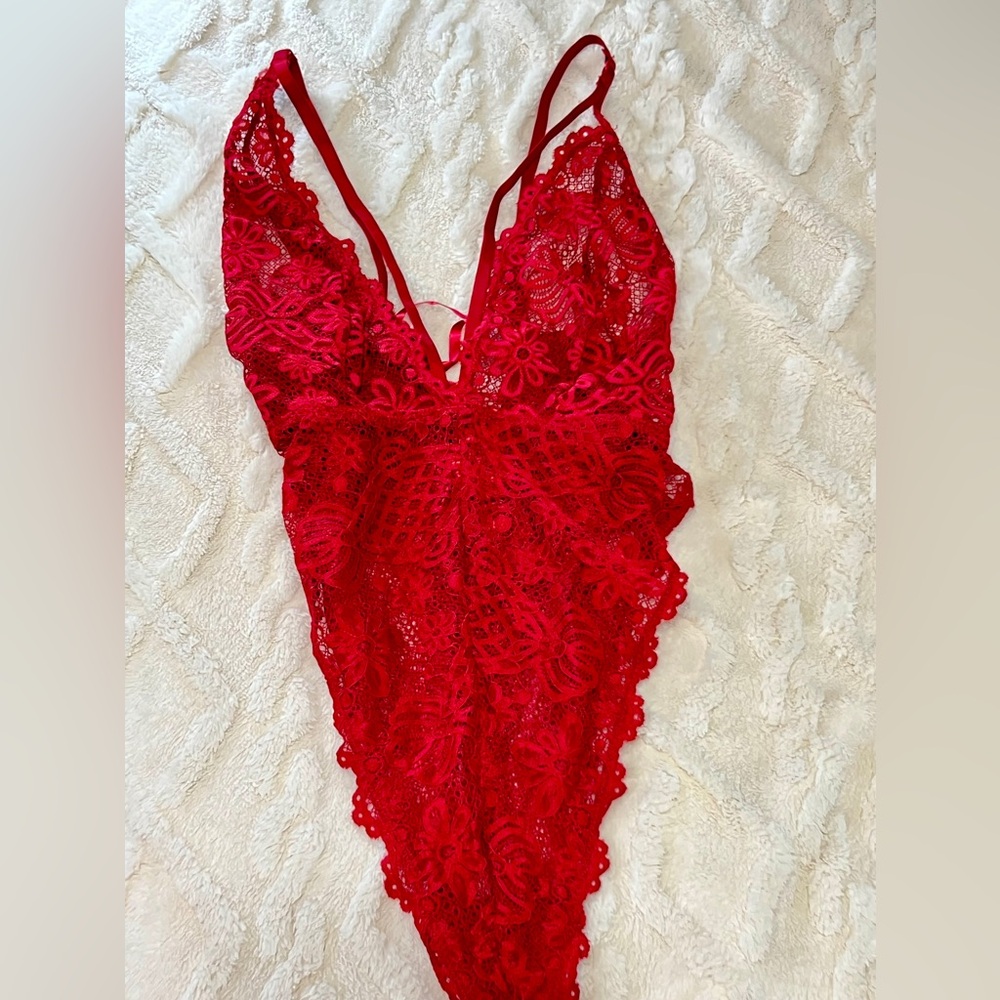 Red Lace Up Bodysuit Lingerie